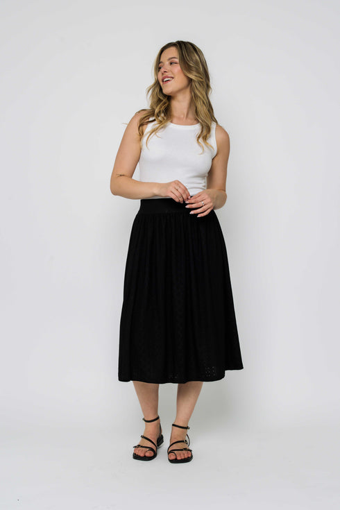 Lina-Stretch Eyelet Midi Skirt